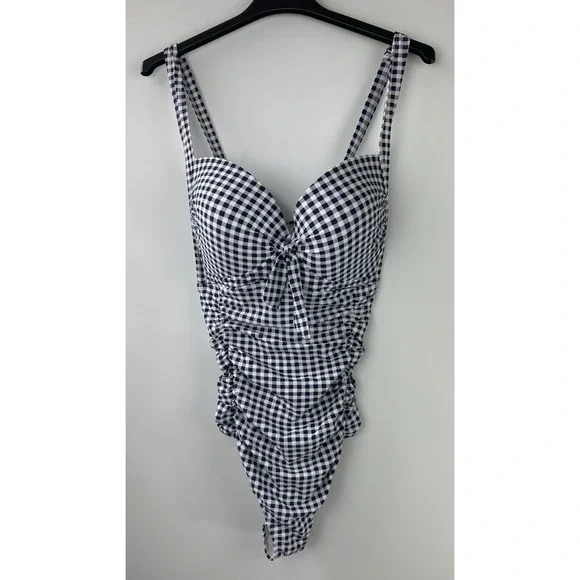 Torrid Navy Gingham Tie Front Wireless Ruched One-Piece Swimsuit Plus Size 4 4X - Picture 2 of 16